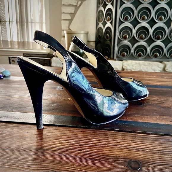 Nine West Peep Toe Sling Back Black Patent Leather Heels - Picture 1 of 8